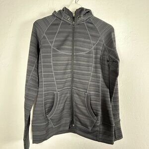 Athleta Womens Gray Striped Zip Up Hoodie Jacket Medium Pockets Stretch Outdoor
